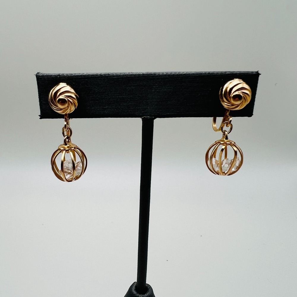 Vintage Caged Crystals Clip on Earrings Retro Gold Tone Dangle Drop Statement